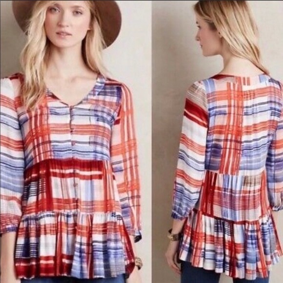 Maeve Tops - S // Anthropologie Maeve Red White Blue Print Lila Tiered Top